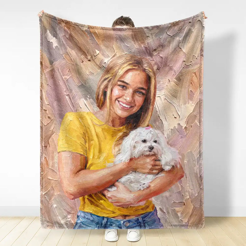 Art Design, Playful, Pet Lovers, Photo - Oil Painting - Custom Photo Oil Painting Pet Dog Cat Portrait - Personalized Fleece Blanket, Sherpa Blanket