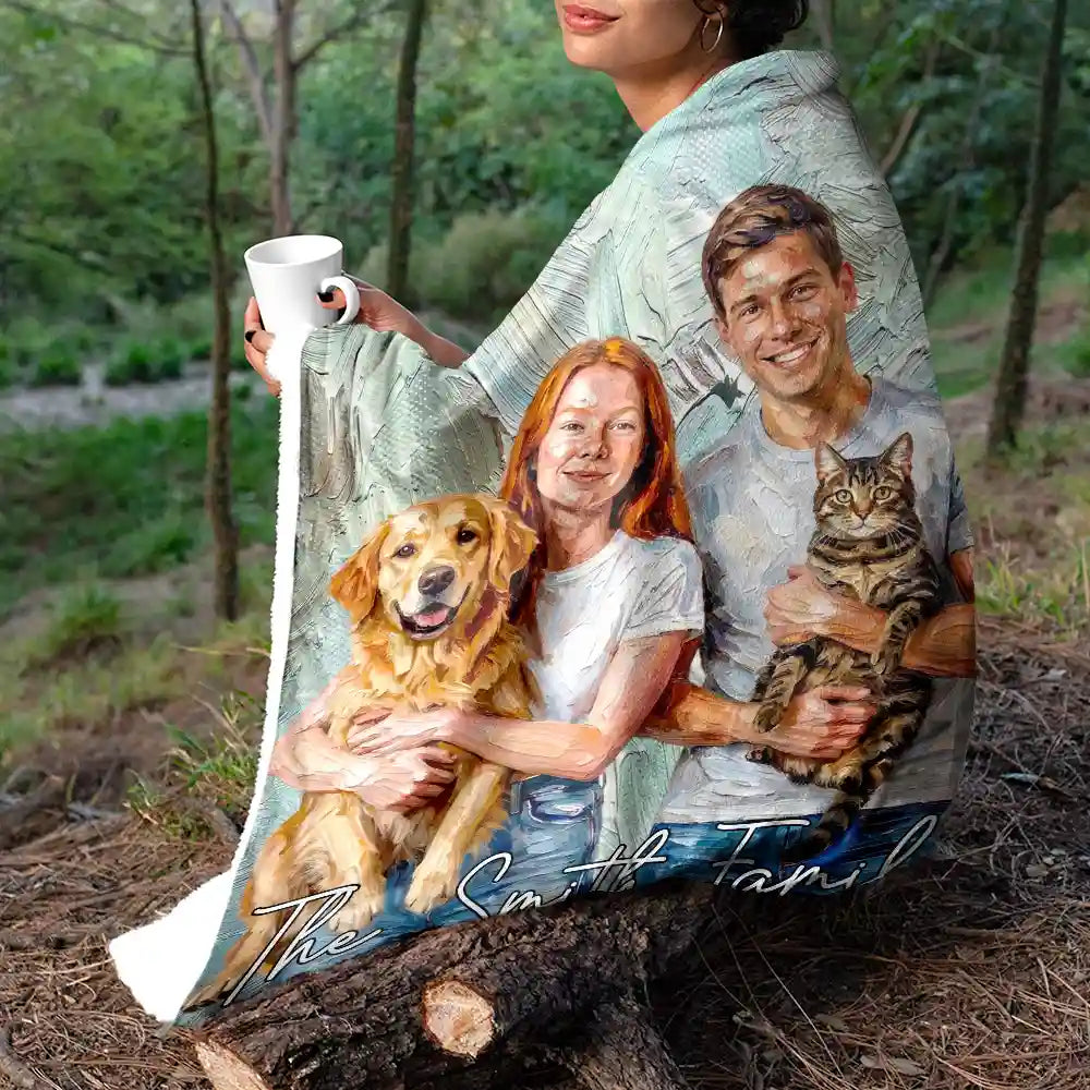 Art Design, Playful, Pet Lovers, Photo - Oil Painting - Custom Photo Oil Painting Pet Dog Cat Portrait - Personalized Fleece Blanket, Sherpa Blanket