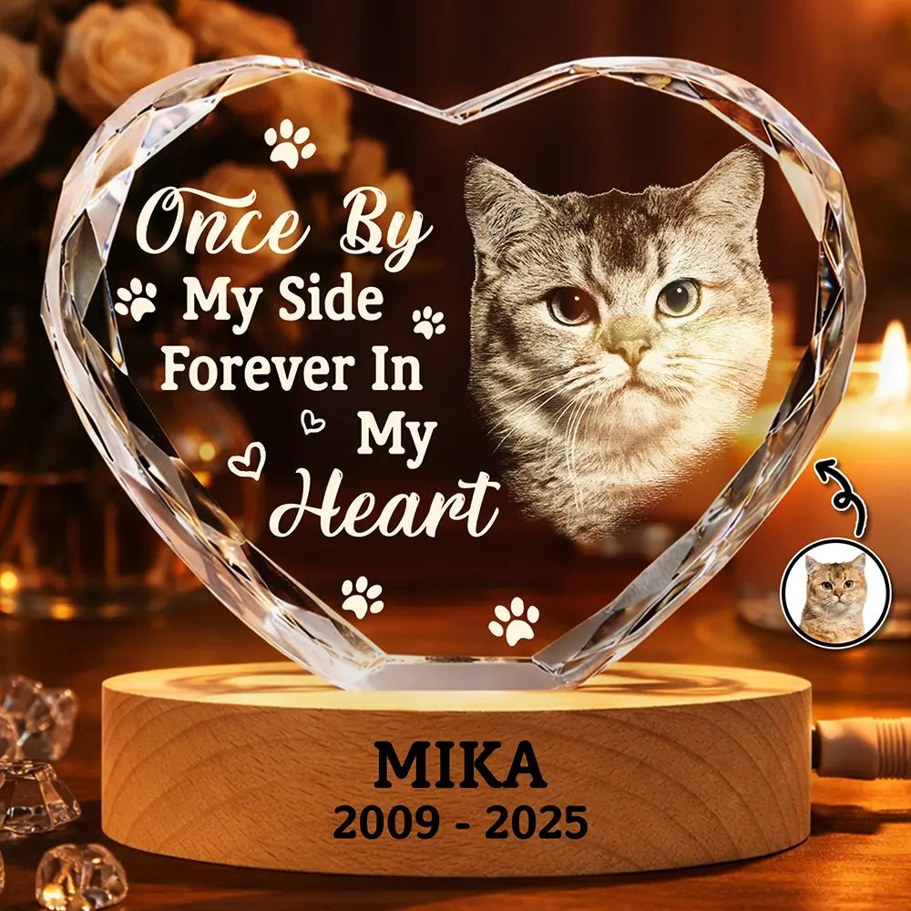 Pet Lovers,Cat Lovers,Dog Lovers,Sad,Memorial - Custom Photo Once By My Side Forever In My Heart Memorial Dog Cat - Personalized Crystal Heart Shaped Lamp