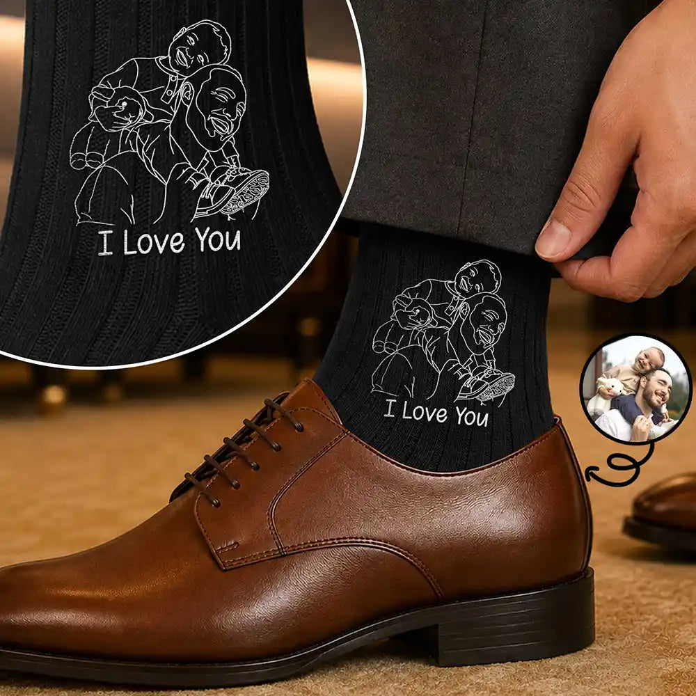 Gift For Father, Custom Photo, Art Design, Sentimental, Photo - Outline Sketch - Custom Photo Outline Sketch Best Dad Ever - Personalized Embroidered Socks