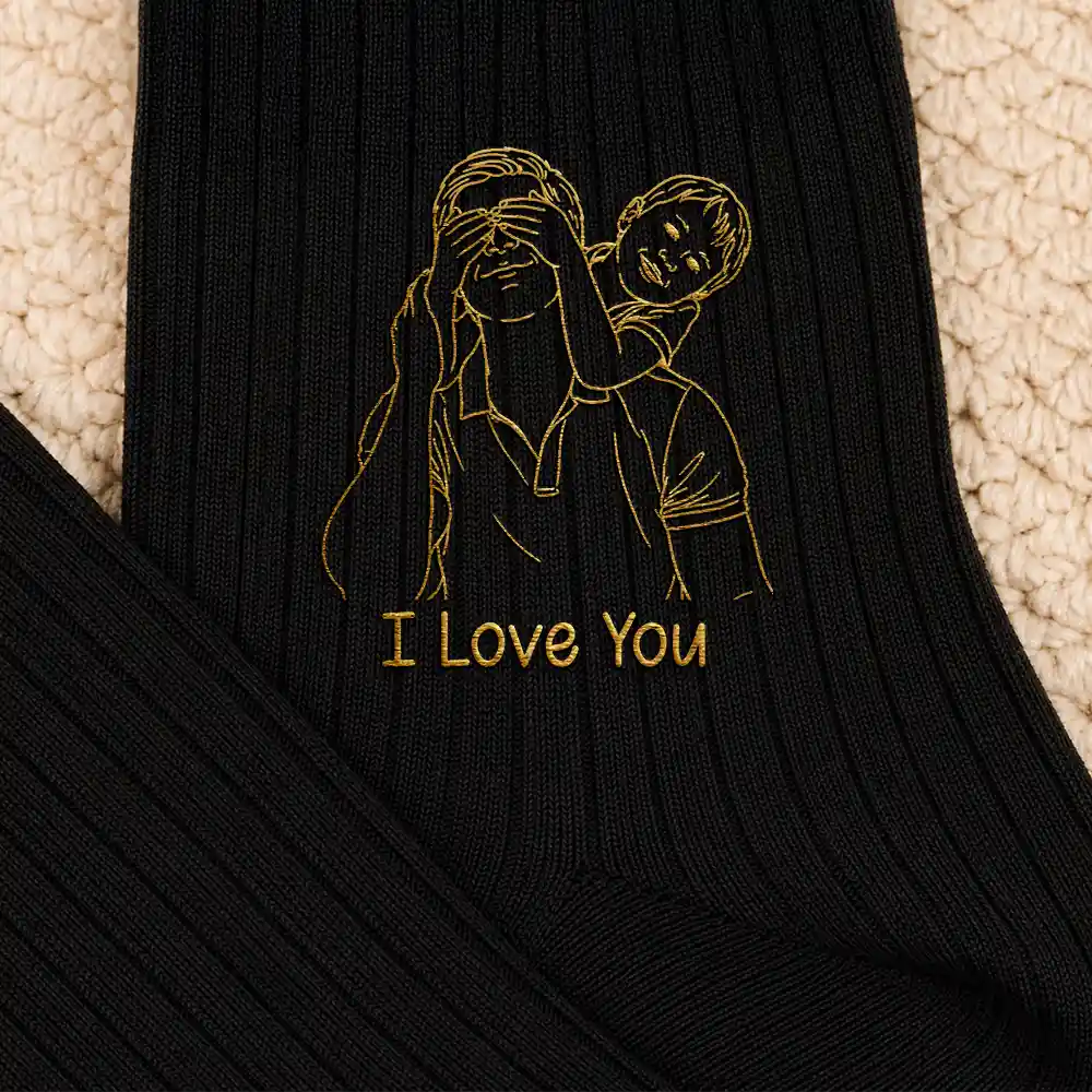 Gift For Father, Custom Photo, Art Design, Sentimental, Photo - Outline Sketch - Custom Photo Outline Sketch Best Dad Ever - Personalized Embroidered Socks