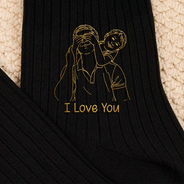 Gift For Father, Custom Photo, Art Design, Sentimental, Photo - Outline Sketch - Custom Photo Outline Sketch Best Dad Ever - Personalized Embroidered Socks