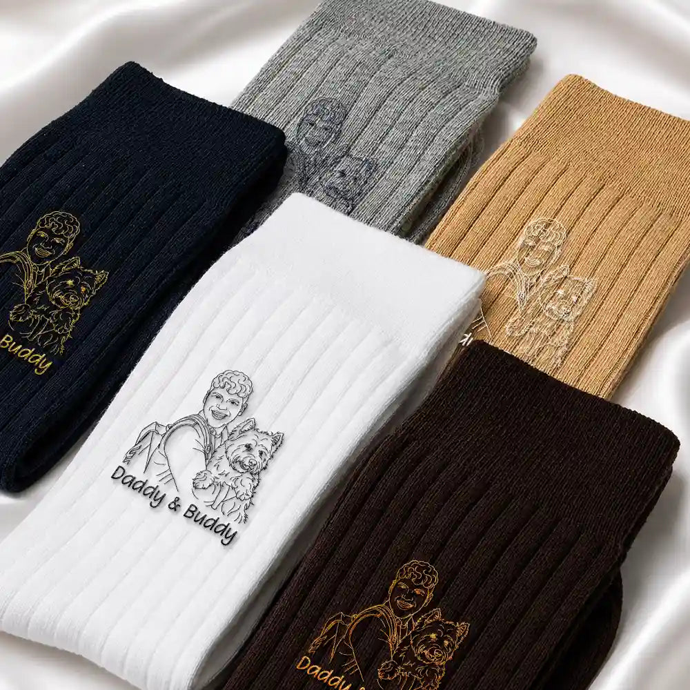 Gift For Father, Custom Photo, Art Design, Sentimental, Photo - Outline Sketch - Custom Photo Outline Sketch Best Dad Ever - Personalized Embroidered Socks
