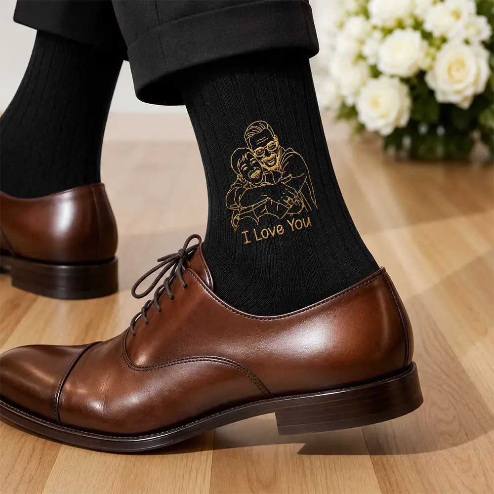 Gift For Father, Custom Photo, Art Design, Sentimental, Photo - Outline Sketch - Custom Photo Outline Sketch Best Dad Ever - Personalized Embroidered Socks