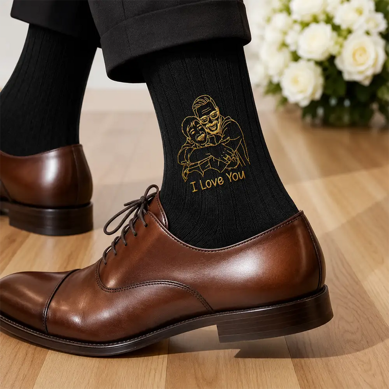 Gift For Father, Custom Photo, Art Design, Sentimental, Photo - Outline Sketch - Custom Photo Outline Sketch Best Dad Ever - Personalized Embroidered Socks