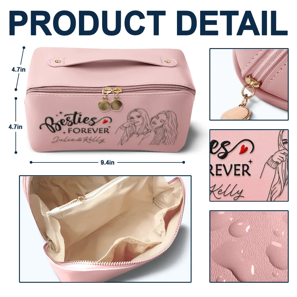 Gift For Bestie, Gift For Sisters, Gift For Women, Happy, Custom Photo - Custom Photo Outline Sketch Besties Sisters Forever - Personalized Embroidered Leather Makeup Bag