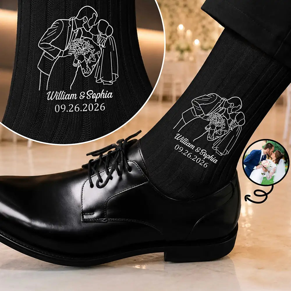 Gift For Husband, Gift For Couples, Custom Photo, Art Design, Wedding, Romantic, Photo - Outline Sketch - Custom Photo Outline Sketch Couple Romantic Portrait - Personalized Embroidered Socks