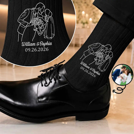 Custom Photo Outline Sketch Couple Romantic Portrait - Personalized Embroidered Socks