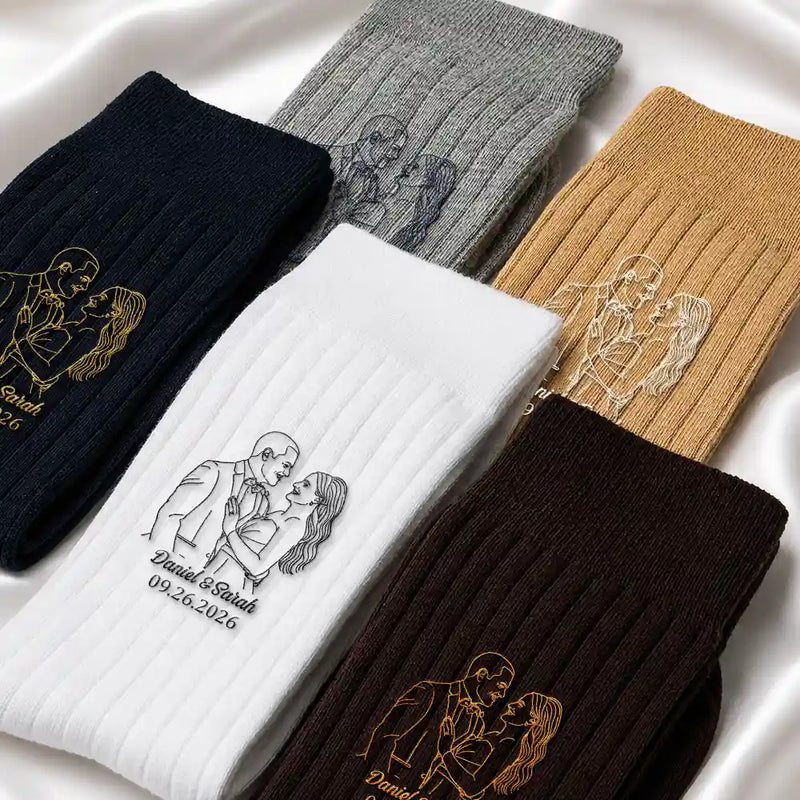 Gift For Husband, Gift For Couples, Custom Photo, Art Design, Wedding, Romantic, Photo - Outline Sketch - Custom Photo Outline Sketch Couple Romantic Portrait - Personalized Embroidered Socks