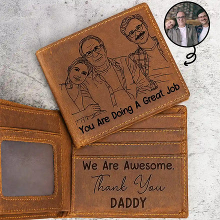 Custom Photo Outline Sketch Dad Great Job We Are Awesome Thank You - Personalized Engraved Leather Wallet
