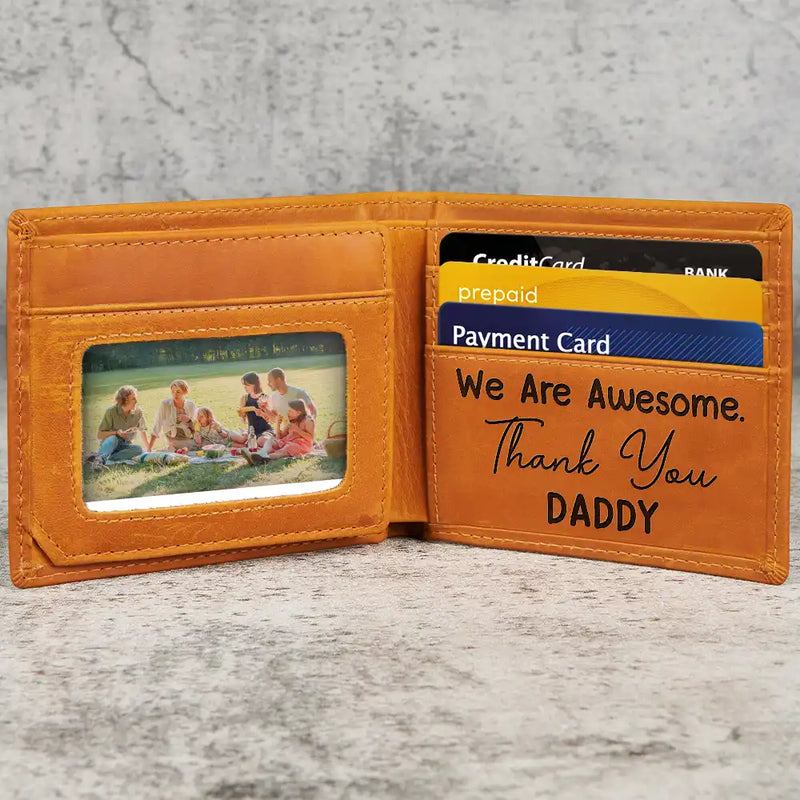 Gift For Father,Custom Photo,Funny - Custom Photo Outline Sketch Dad Great Job We Are Awesome Thank You - Personalized Engraved Leather Wallet