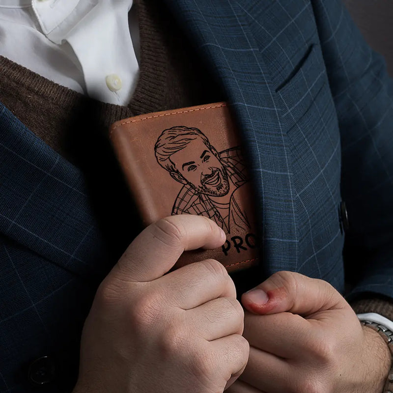 Gift For Father,Custom Photo,Funny - Custom Photo Outline Sketch Dad Great Job We Are Awesome Thank You - Personalized Engraved Leather Wallet