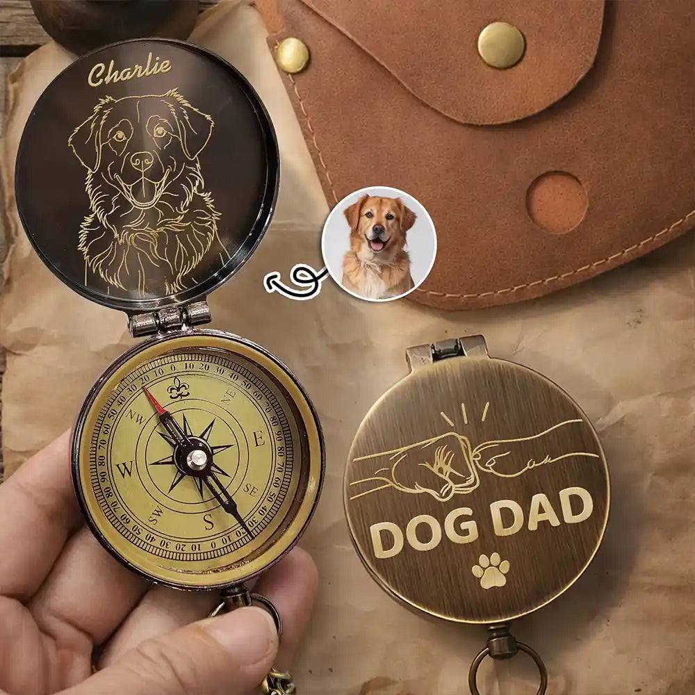 Pet Lovers,Pet Mom,Pet Dad,Dog Lovers,Dog Mom,Dog Dad,Cat Lovers,Cat Mom,Cat Dad,Non-Eng,Photo - Outline Sketch,Adorable - Custom Photo Outline Sketch Dog Dad Cat Dad - Personalized Engraved Brass Compass