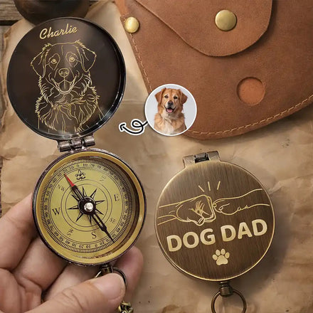 Custom Photo Outline Sketch Dog Dad Cat Dad - Personalized Engraved Brass Compass
