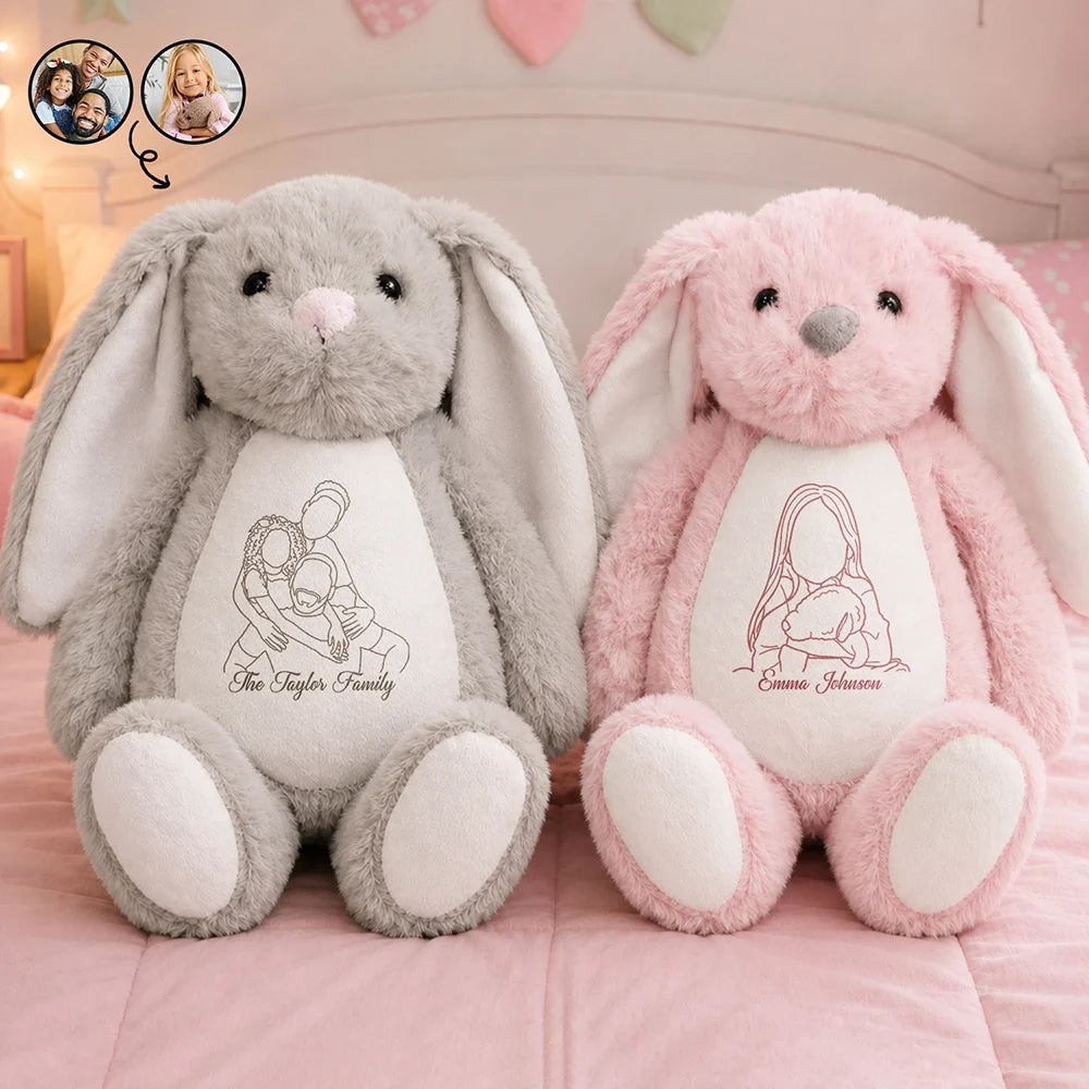 Adorable,Art Design,Gift For Kids,Photo - Outline Sketch - Embroidered Product - Custom Photo Outline Sketch Happy Family & Kid Together - Personalized Soft Toy Bunny