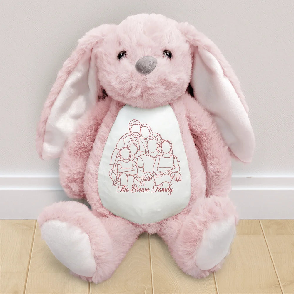 Adorable,Art Design,Gift For Kids,Photo - Outline Sketch - Embroidered Product - Custom Photo Outline Sketch Happy Family & Kid Together - Personalized Soft Toy Bunny