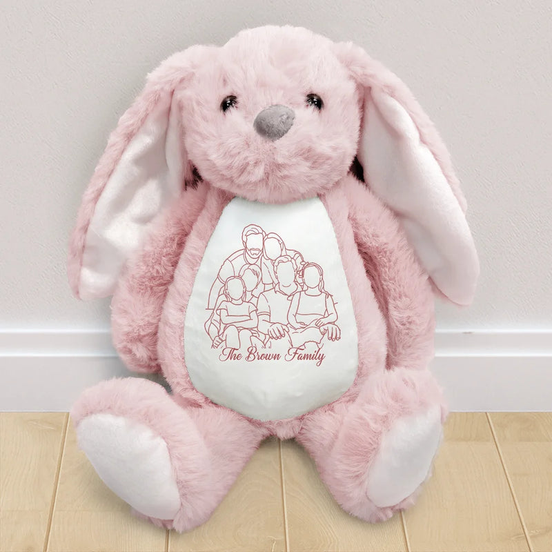 Adorable,Art Design,Gift For Kids,Photo - Outline Sketch - Embroidered Product - Custom Photo Outline Sketch Happy Family & Kid Together - Personalized Soft Toy Bunny