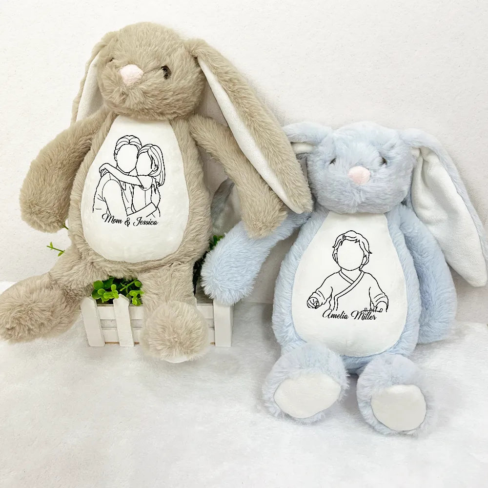 Adorable,Art Design,Gift For Kids,Photo - Outline Sketch - Embroidered Product - Custom Photo Outline Sketch Happy Family & Kid Together - Personalized Soft Toy Bunny