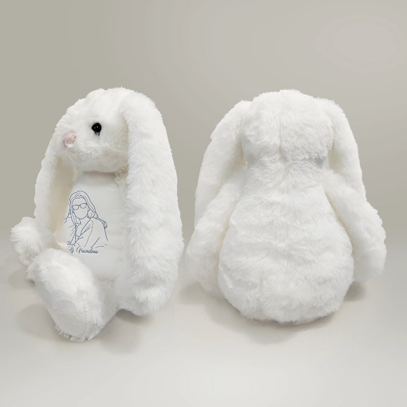 Adorable,Art Design,Gift For Kids,Photo - Outline Sketch - Embroidered Product - Custom Photo Outline Sketch Happy Family & Kid Together - Personalized Soft Toy Bunny