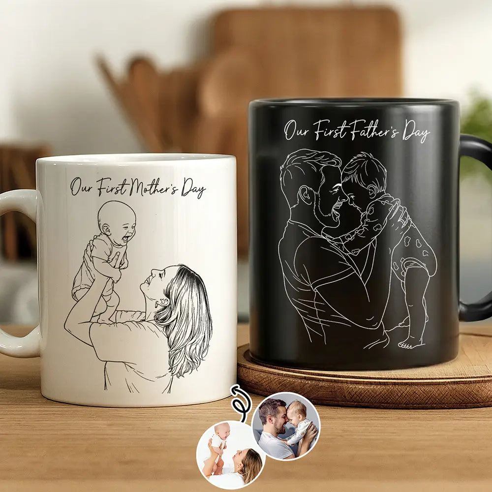 Custom Photo Outline Sketch Mom Dad Baby Family Portrait Line Art - Personalized Mug