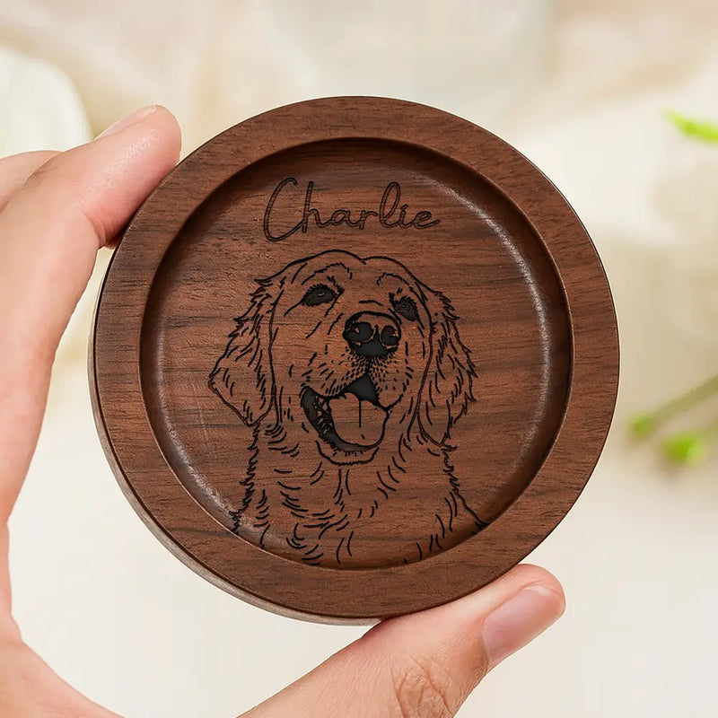 Pet Lovers,Pet Mom,Custom Photo,Happy - Custom Photo Outline Sketch Pet Face And Name - Personalized Wood Ring Dish