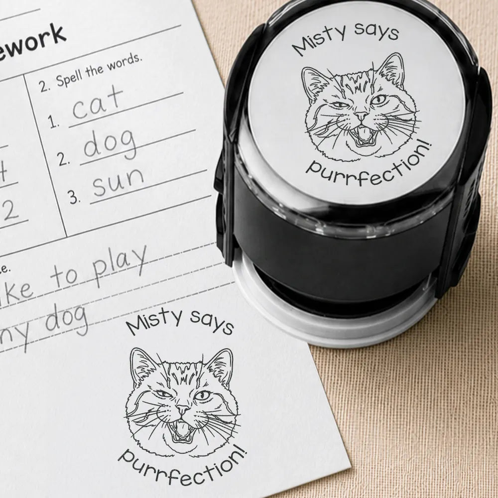 Art Design,Teacher,Inspirational,Back To School,Photo - Outline Sketch - Custom Photo Outline Sketch Teacher Says Pawsome Purrfect Work - Personalized Stamp