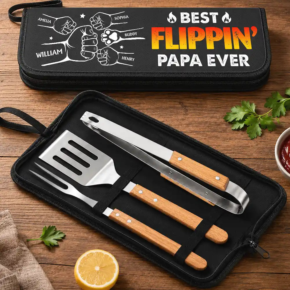 Gift For Father,Gift For Grandpa,Grandpa's Hobby,Dad's Hobby,Grilling,Non-Eng,Icon,Proud - Best Flippin Dad Ever - Personalized BBQ Tool Set With Storage Bag