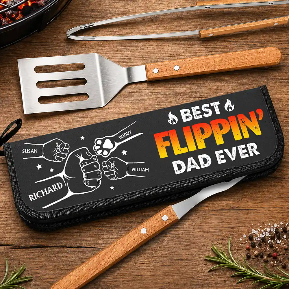 Gift For Father,Gift For Grandpa,Grandpa's Hobby,Dad's Hobby,Grilling,Non-Eng,Icon,Proud - Best Flippin Dad Ever - Personalized BBQ Tool Set With Storage Bag
