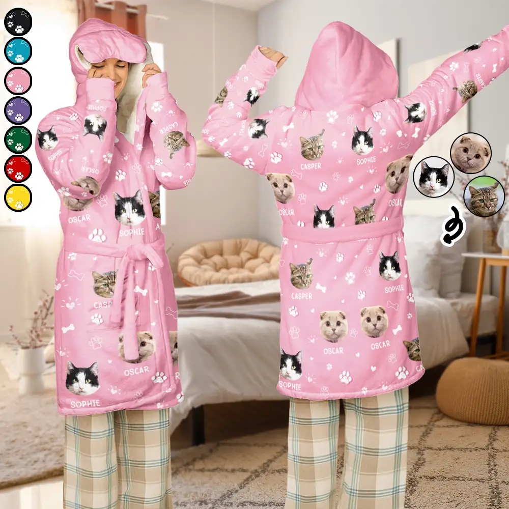Custom Photo Paw Prints In My Heart Pet Mom Dad Dog Cat Lover - Personalized Hooded Robe