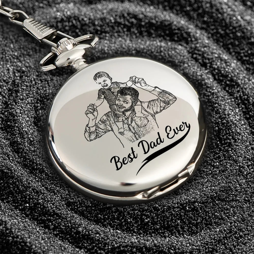 Custom Photo Pencil Drawing Best Dad Grandpa Ever - Personalized Pocket Watch
