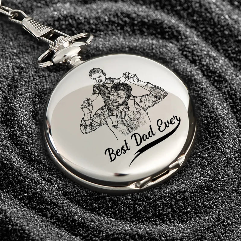Gift For Father,Love - Custom Photo Pencil Drawing Best Dad Grandpa Ever - Personalized Pocket Watch