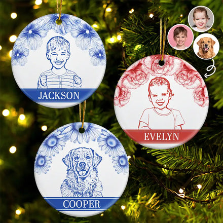 Custom Photo Pencil Drawing Birth Flower Family Portrait - Personalized Circle Ceramic Ornament