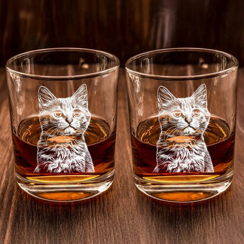 Custom Photo Pencil Drawing Dog Cat Portrait - Personalized Engraved Whiskey Glass