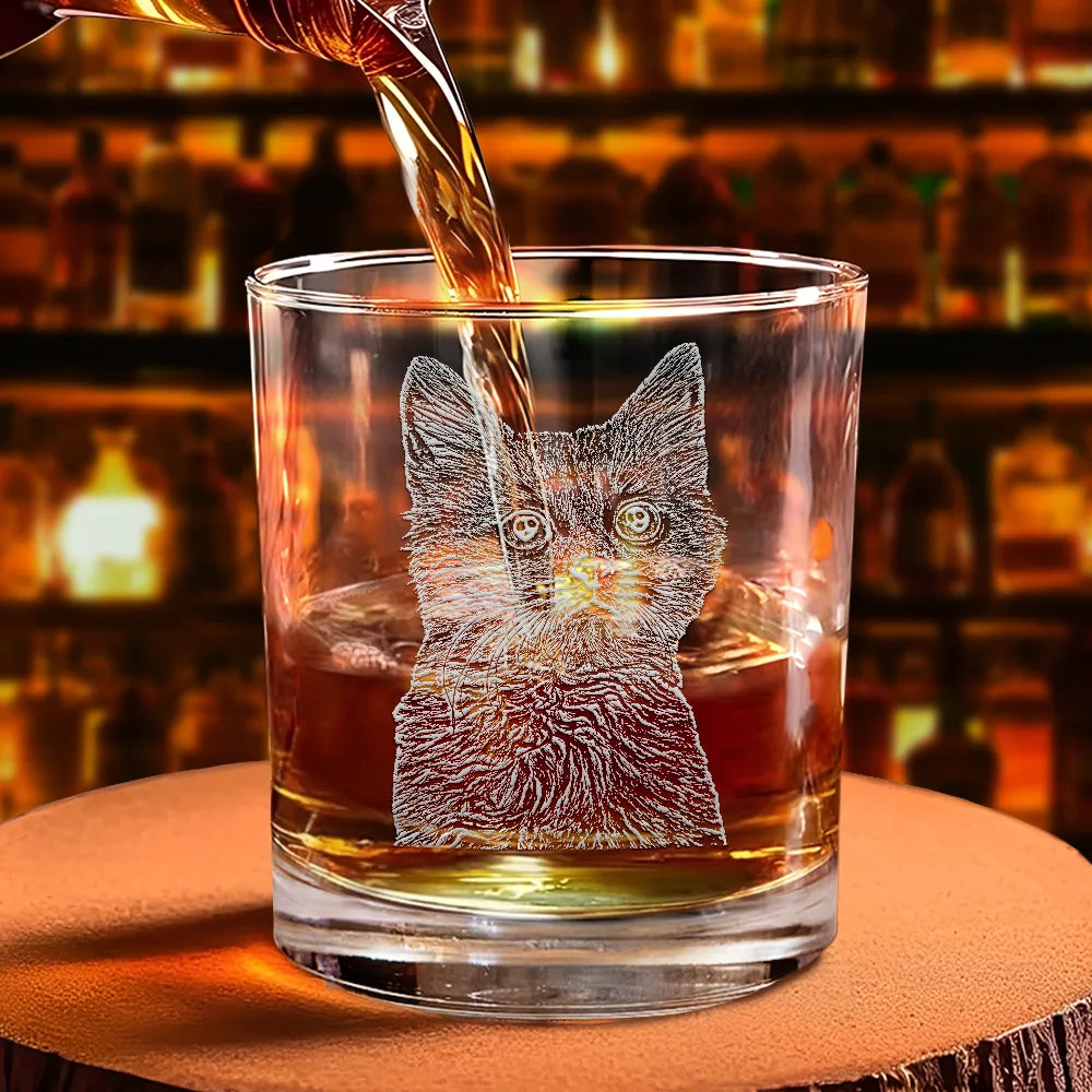 Custom Photo, Pet Lovers, Pet Dad, Dog Lovers, Happy - Custom Photo Pencil Drawing Dog Cat Portrait - Personalized Engraved Whiskey Glass