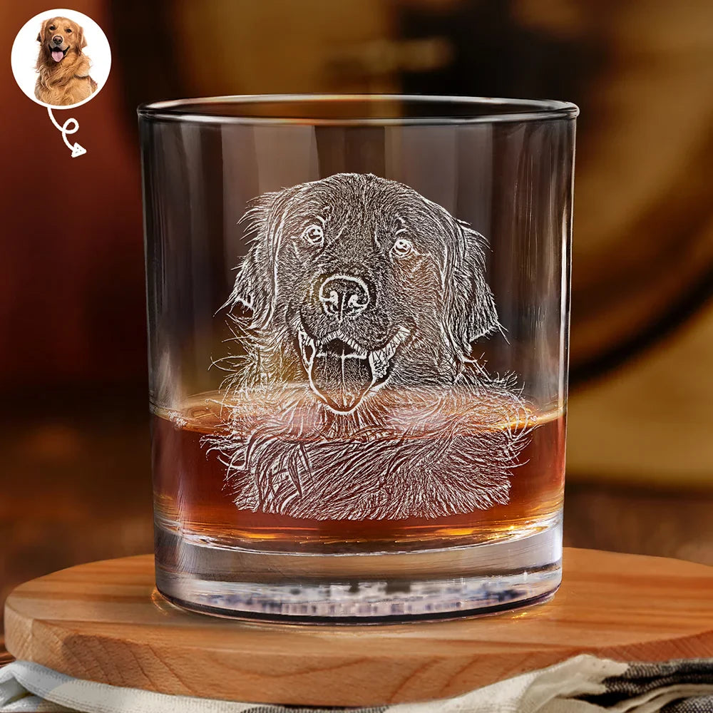 Custom Photo, Pet Lovers, Pet Dad, Dog Lovers, Happy - Custom Photo Pencil Drawing Dog Cat Portrait - Personalized Engraved Whiskey Glass
