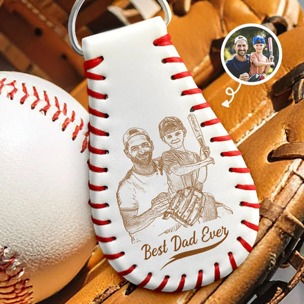 Custom Photo Pencil Drawing Engraved Best Dad Grandpa Ever - Personalized Leather Baseball Keychain