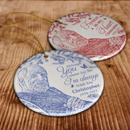 Family,Custom Photo,Sad,Christmas - Custom Photo Pencil Drawing Toile De Jouy Memorial Although You Cannot See Me - Personalized Circle Ceramic Ornament
