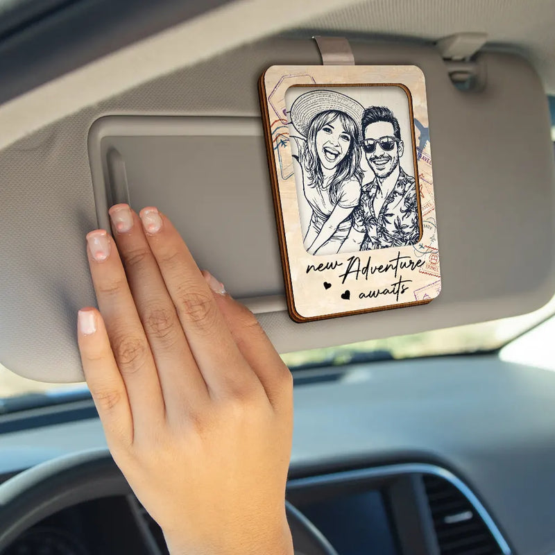 Gift For Couples,Gift For Wife,Gift For Husband,Gift For Girlfriend,Gift For Boyfriend,Travel,Love - Custom Photo Pencil Sketch And So The Adventure Begins Traveling Couple - Personalized Custom Shaped Car Visor Clip