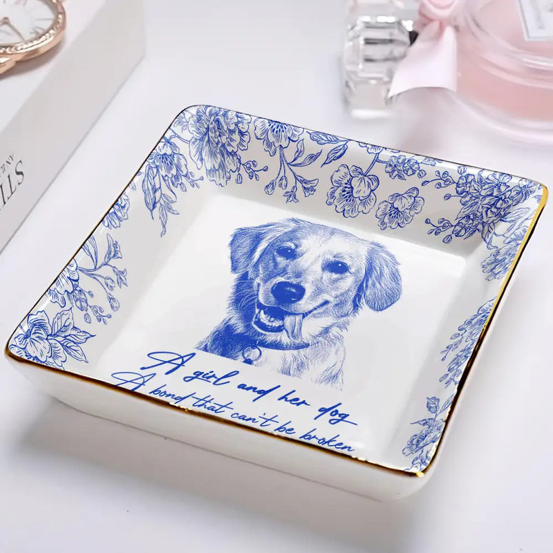 Dog Lovers,Dog Mom,Pet Lovers,Pet Mom - Custom Photo Pencil Sketch A Girl And Her Dog Cat - Personalized Ring Dish