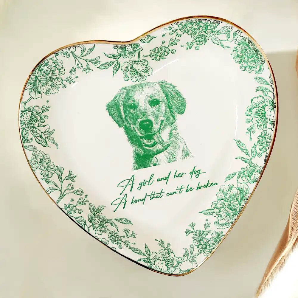 Dog Lovers,Dog Mom,Pet Lovers,Pet Mom - Custom Photo Pencil Sketch A Girl And Her Dog Cat - Personalized Ring Dish