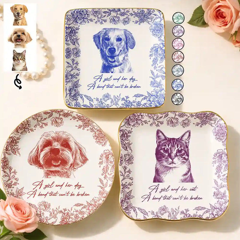 Dog Lovers,Dog Mom,Pet Lovers,Pet Mom - Custom Photo Pencil Sketch A Girl And Her Dog Cat - Personalized Ring Dish