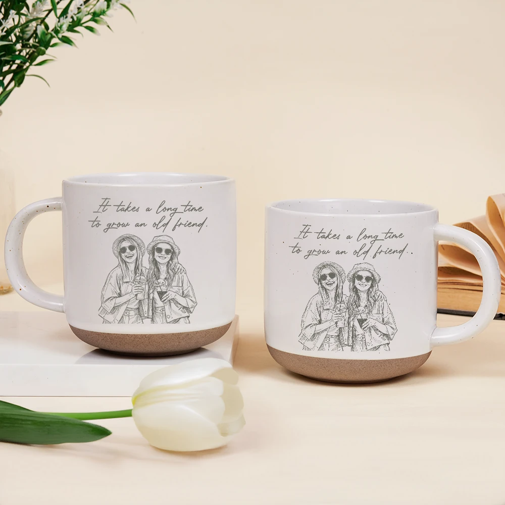 Gift For Bestie,Old Best friends,Gift For Sisters,Custom Photo,Happy - Custom Photo Pencil Sketch A True Friendship Is A Journey Without An End - Personalized Pottery Mug