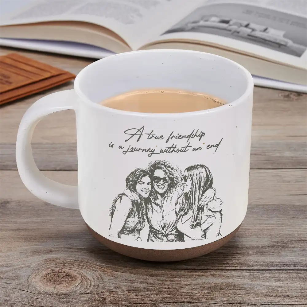 Gift For Bestie,Old Best friends,Gift For Sisters,Custom Photo,Happy - Custom Photo Pencil Sketch A True Friendship Is A Journey Without An End - Personalized Pottery Mug