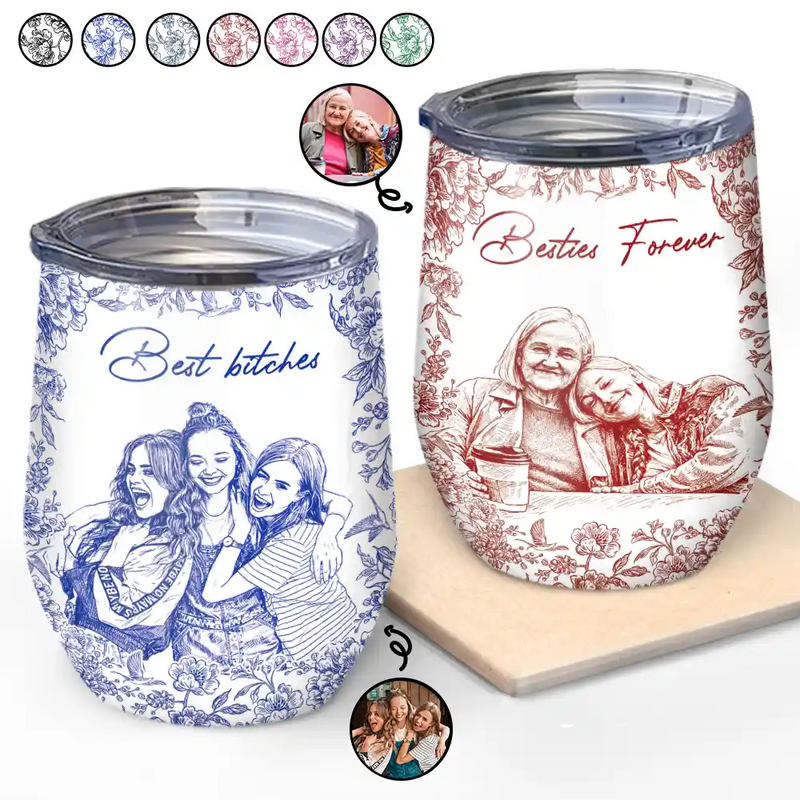 Gift For Bestie,Old Best friends,Gift For Sisters,Custom Photo,Happy - Custom Photo Pencil Sketch A True Friendship Is A Journey Without An End - Personalized Wine Tumbler