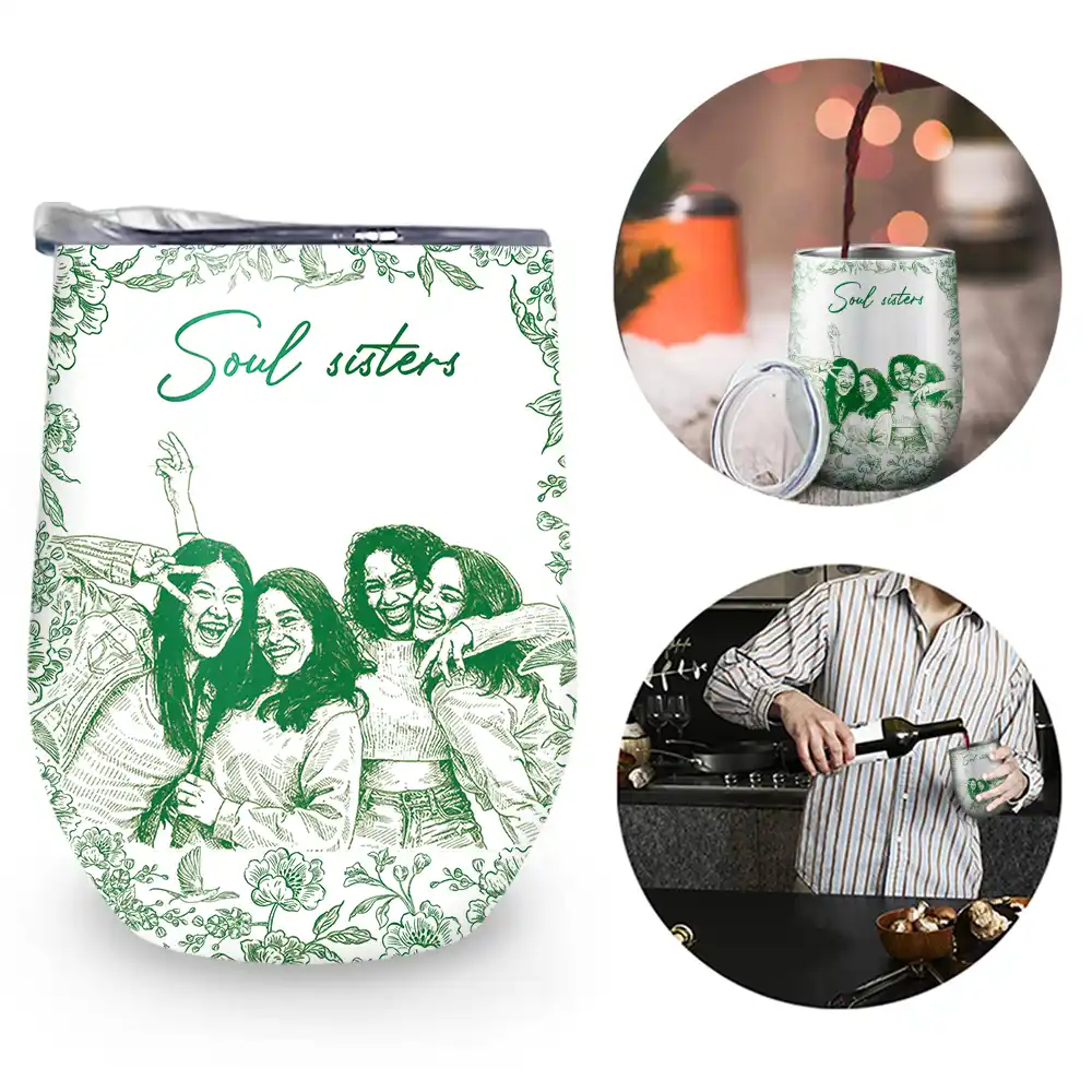 Gift For Bestie,Old Best friends,Gift For Sisters,Custom Photo,Happy - Custom Photo Pencil Sketch A True Friendship Is A Journey Without An End - Personalized Wine Tumbler