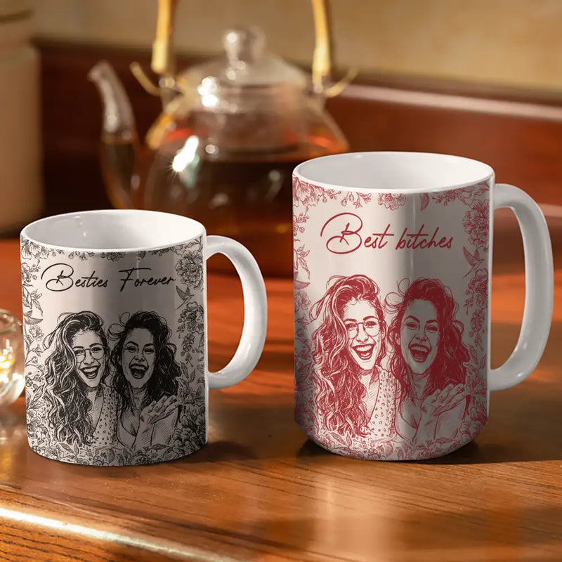 Gift For Bestie, Gift For Women, Gift For Sisters, Happy - Custom Photo Pencil Sketch A True Friendship Is A Journey Without An End - Personalized White Edge-to-Edge Mug