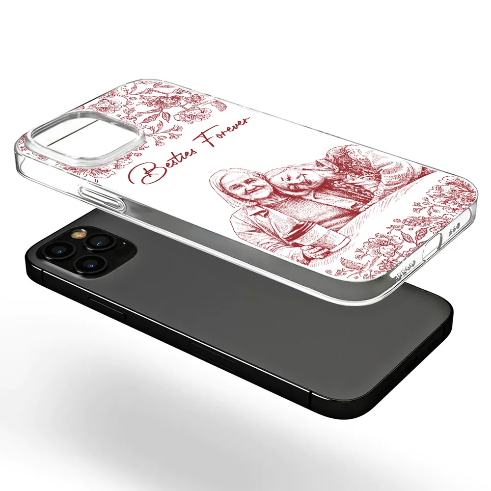 Gift For Bestie,Old Best friends,Gift For Sisters,Happy,Custom Photo - Custom Photo Pencil Sketch A True Friendship Is A Journey Without An End - Personalized Clear Phone Case