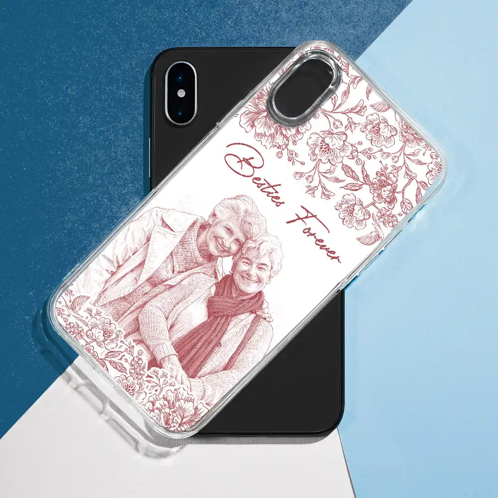 Gift For Bestie,Old Best friends,Gift For Sisters,Happy,Custom Photo - Custom Photo Pencil Sketch A True Friendship Is A Journey Without An End - Personalized Clear Phone Case