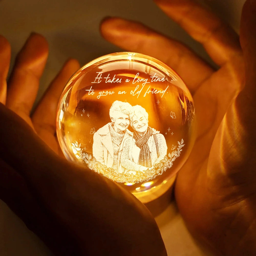 Gift For Bestie,Old Best friends,Gift For Sisters,Custom Photo,Happy - Custom Photo Pencil Sketch A True Friendship Is A Journey Without An End - Personalized Crystal Globe Lamp