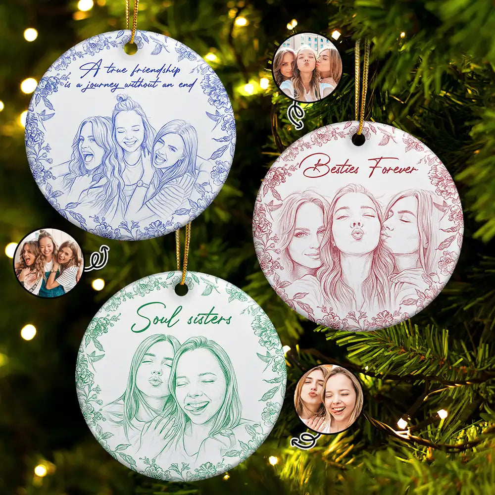 Art Design,Gift For Bestie,Christmas,Photo - Pencil Sketch - Remove BG,Happy - Custom Photo Pencil Sketch A True Friendship Is A Journey Without An End - Personalized Circle Ceramic Ornament